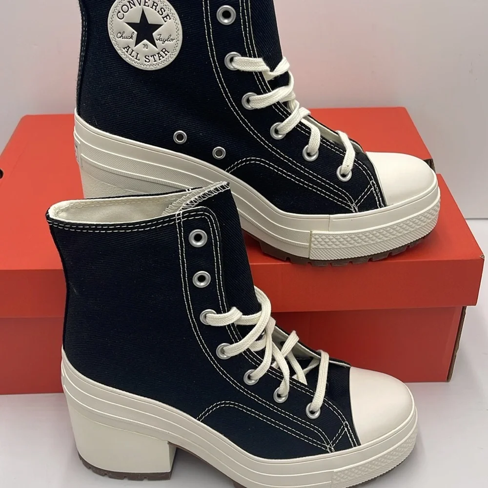 Converse WMNS CHUCK 70 DE LUXE HEEL HI BLACK/EGRET/EGRET A05347C Platform Snkrs - Picture 2 of 16
